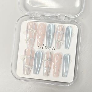 Cute Pink and Blue Cat Eye Handmade Press On Nails With Ribbon Long Coffin